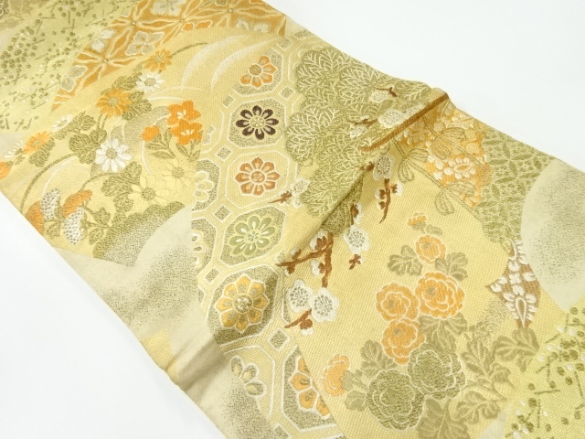 JAPANESE KIMONO / ANTIQUE MARU OBI / WOVEN FLORAL PLANTS